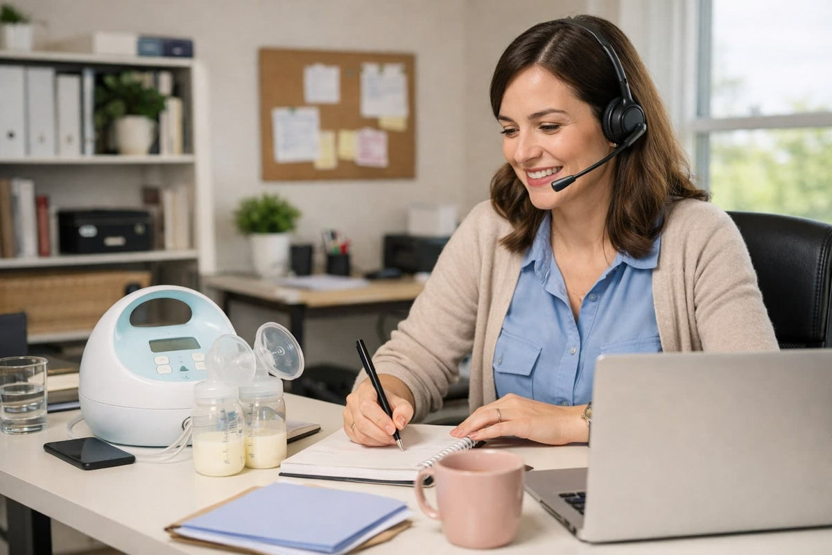 Business Woman On the Phone with Her Breast Pump On Her Desk - AI Generated Image