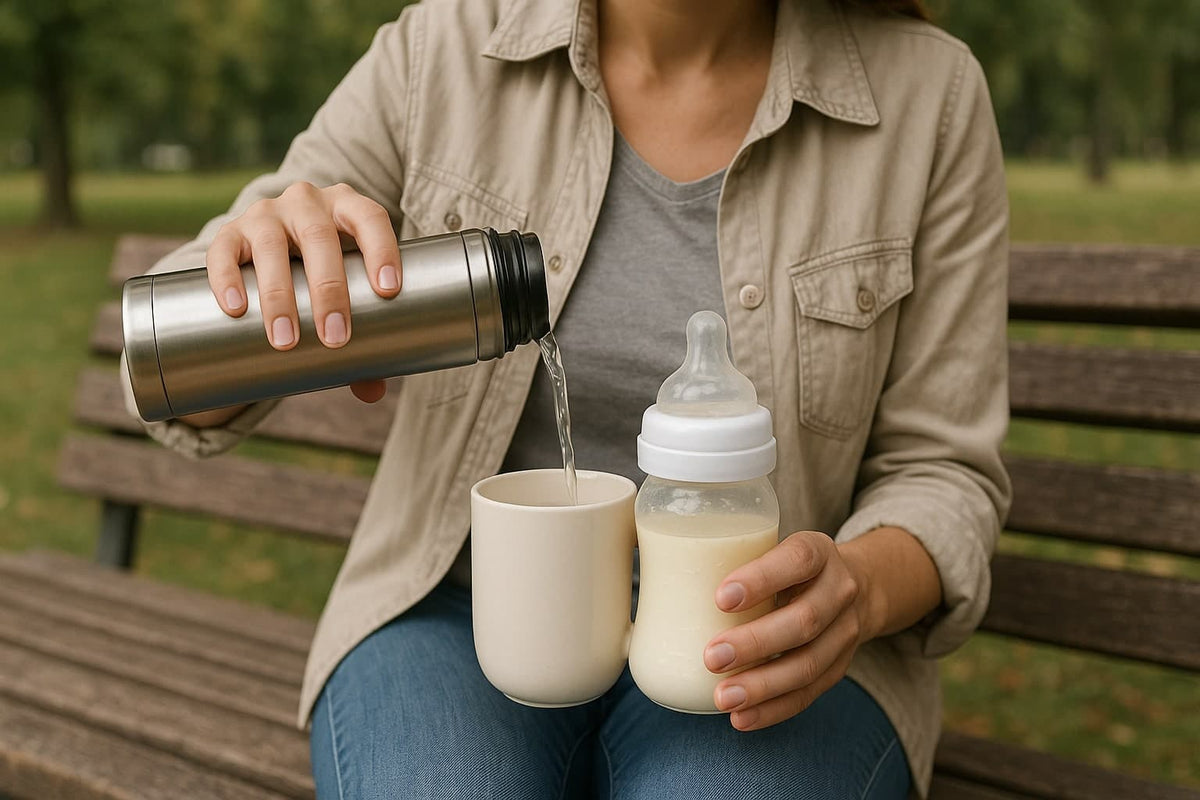 Mom Warming up breast milk on the go