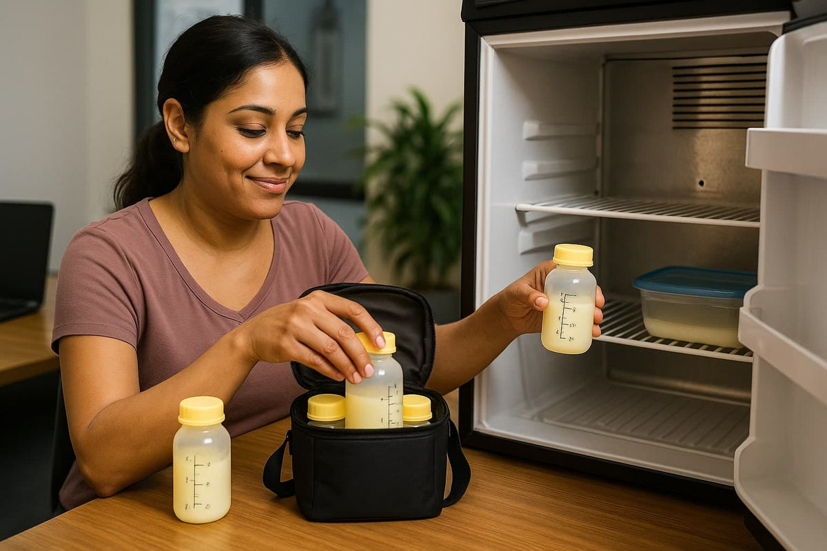 Woman storing her expressed breast milk in the workplace fridge - AI Generated image