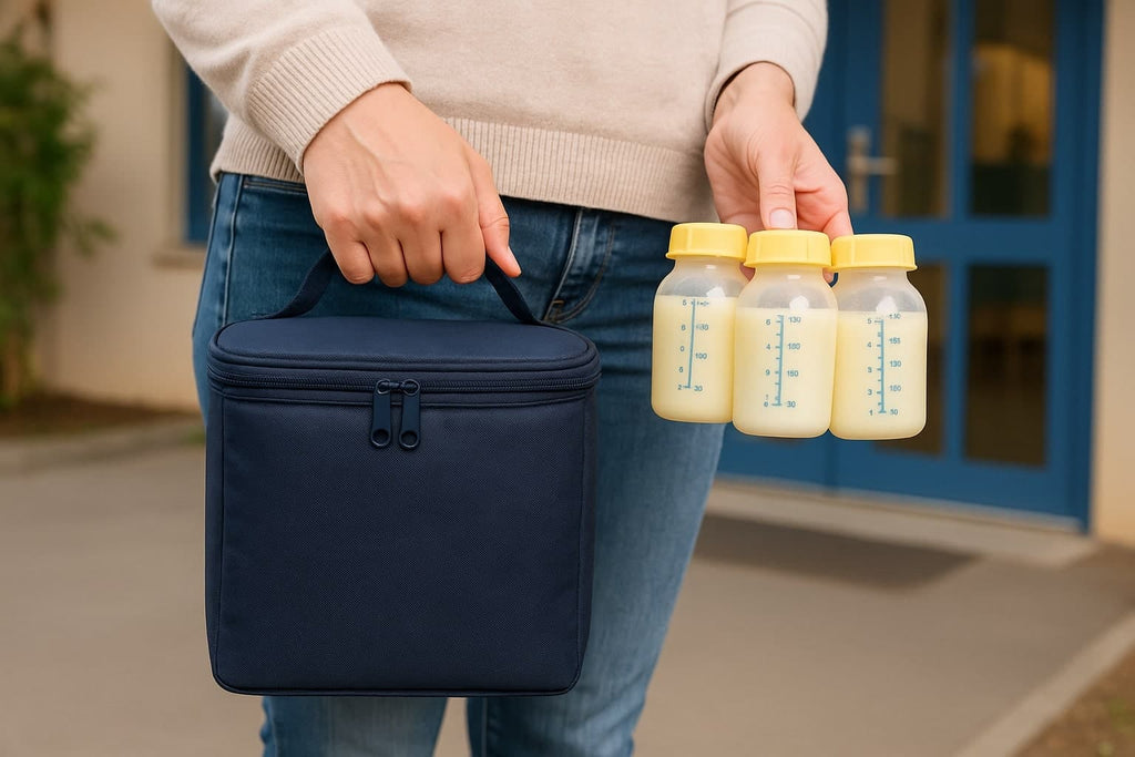 Parent Bringing Pumped Breast Milk Bottles to Daycare - AI Generated Image