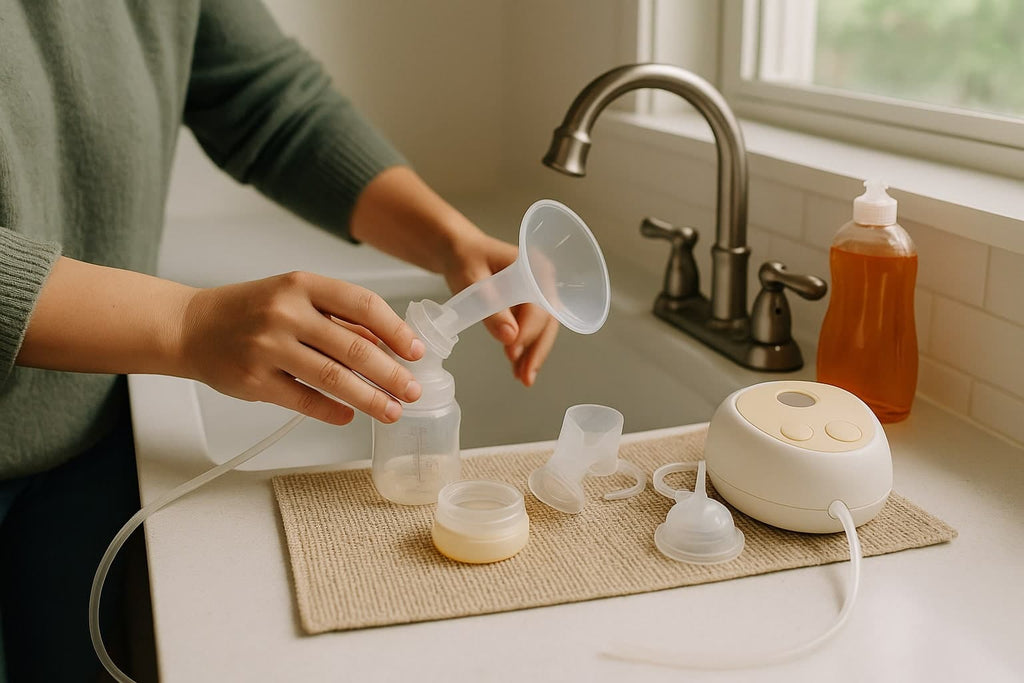 Woman cleaning breast pump parts on the skin at work - AI Generated Image