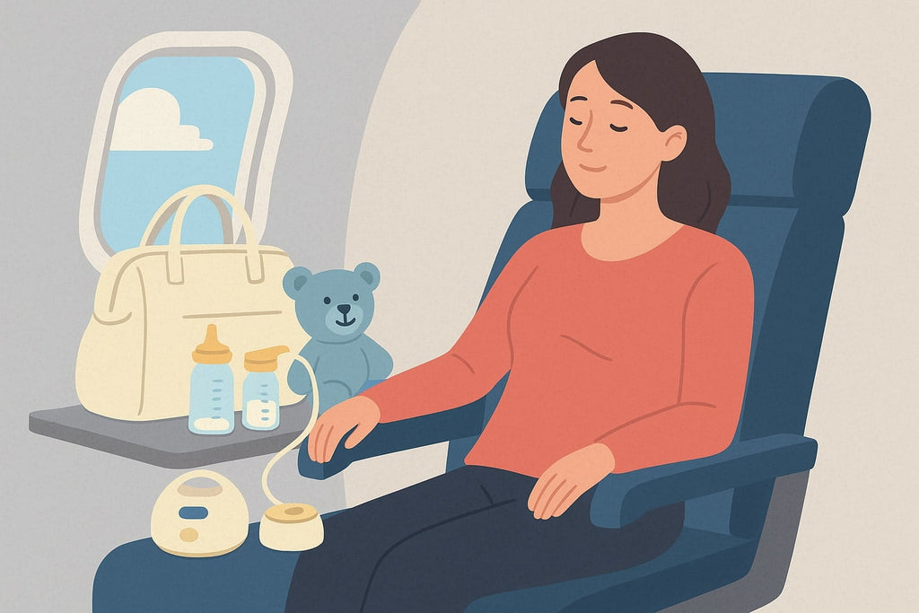 Woman preparing to pump breast milk on a plane - AI Generated image