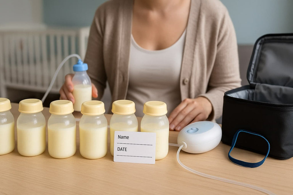 Mother Preparing Breast Milk Bottles for Daycare - AI Generated Image