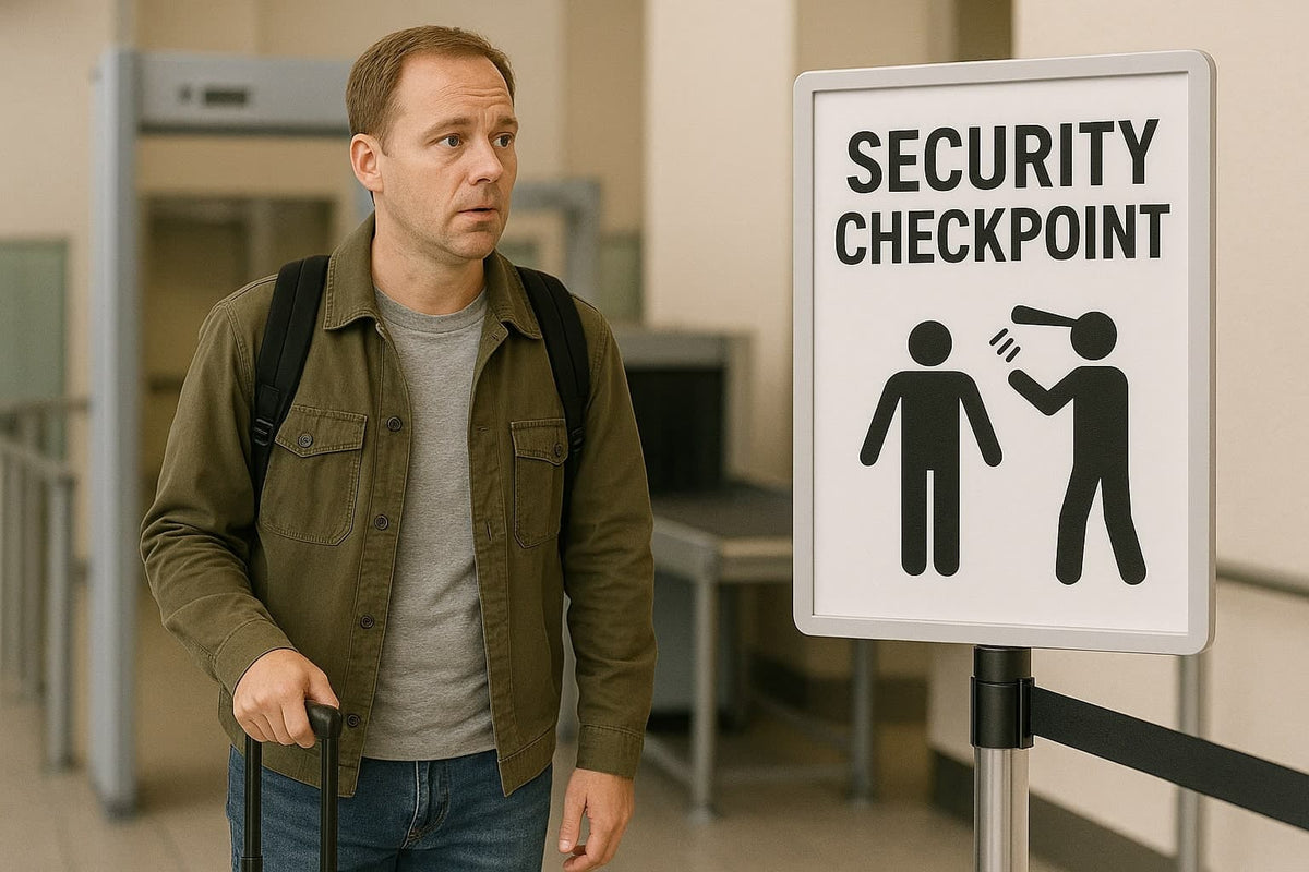 Airport Passenger going through TSA security check with Zepbound pens - Image generated by AI