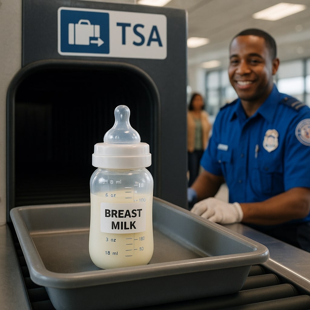 TSA Agent screening breast milk bottle at airport security - AI generated image