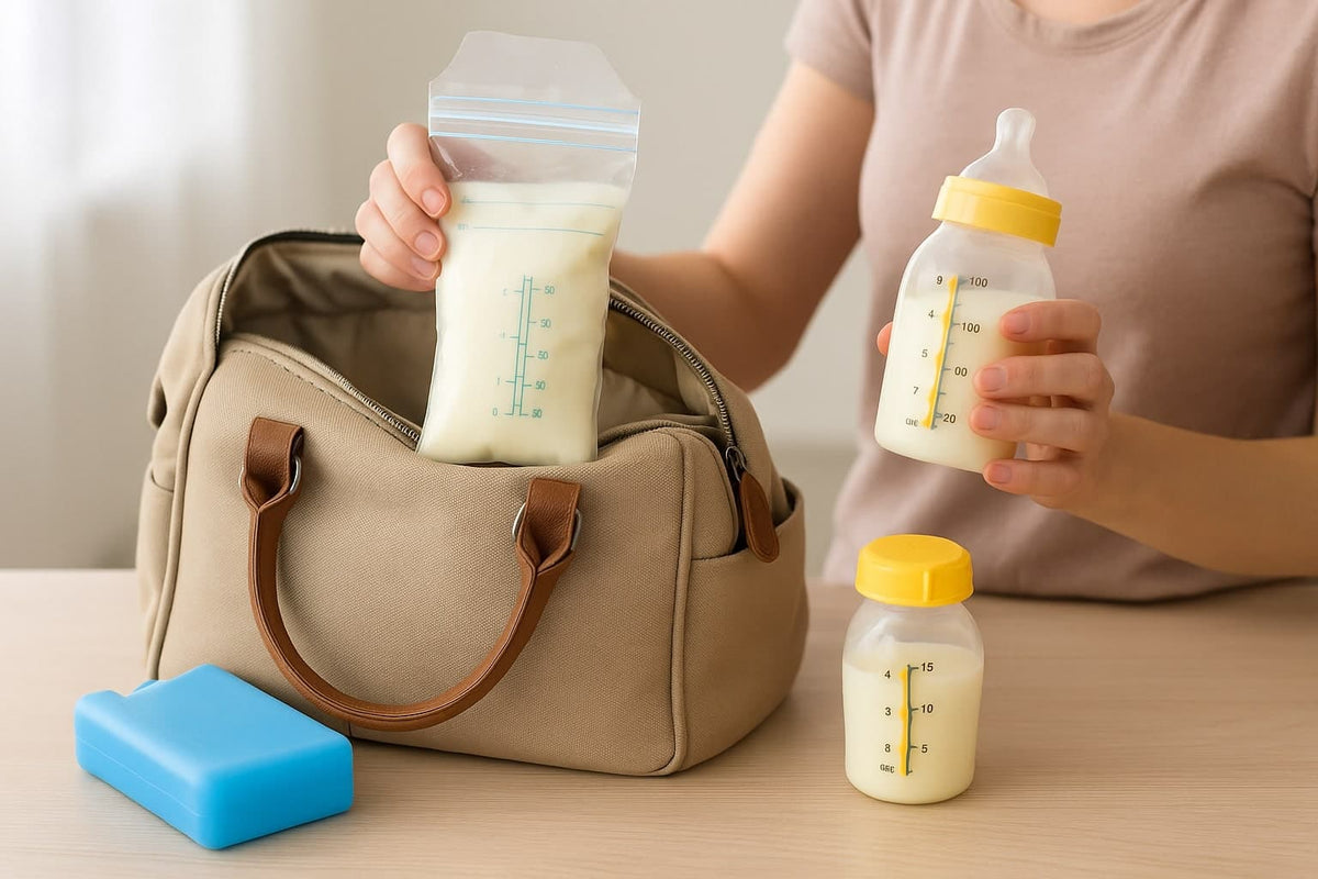 Woman Packing Breast Milk Bottles in a Diaper Bag - AI Generated Image