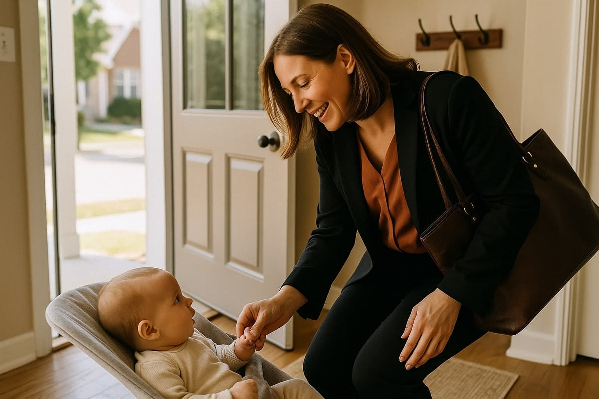 Working Mom Saying Goodbye To Baby When Leaving Home for Work - AI Generated Image 